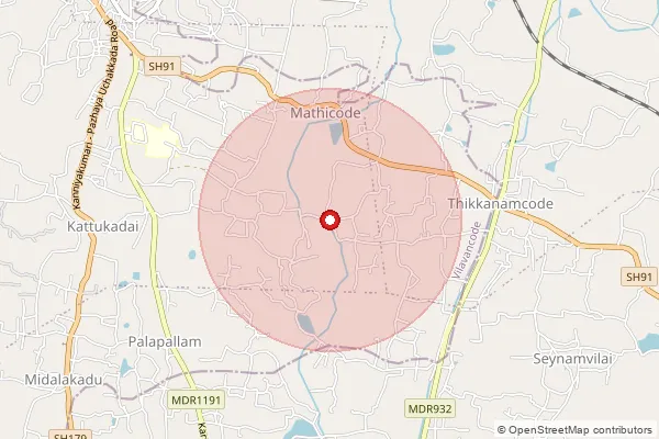 Map showing approximate area covered by Pincode 629159 — Alanchi B.O, Kanniyakumari