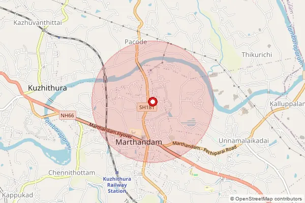Map showing approximate area covered by Pincode 629165 — Nallur Marthandam B.O, Kanniyakumari