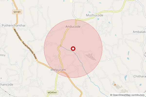 Map showing approximate area covered by Pincode 629168 — Anducode B.O, Kanniyakumari