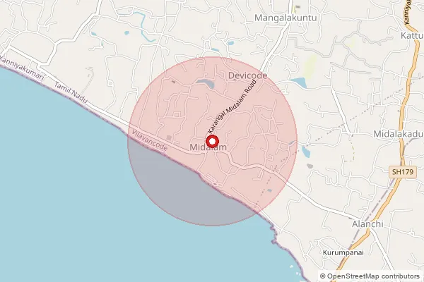 Map showing approximate area covered by Pincode 629178 — Udayamarthandam S.O, Kanniyakumari