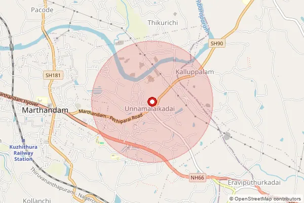 Map showing approximate area covered by Pincode 629179 — Unnamalakada S.O, Kanniyakumari