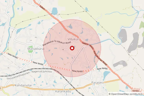 Map showing approximate area covered by Pincode 629180 — Kumaracoil B.O, Kanniyakumari