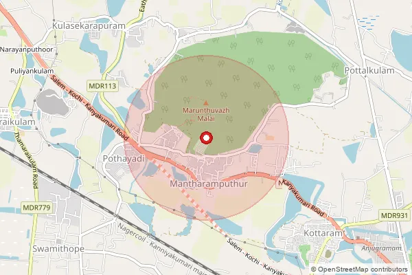 Map showing approximate area covered by Pincode 629703 — Potraiyadi B.O, Kanniyakumari