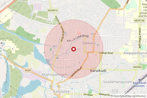 Map showing approximate area covered by Pincode 630002 — Karaikudi Southstreet S.O, Sivaganga