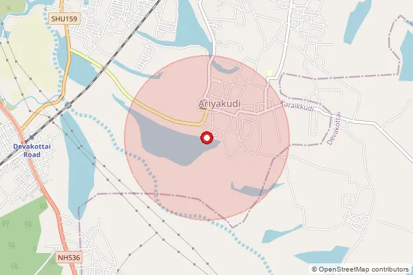Map showing approximate area covered by Pincode 630005 — Devakottai Road S.O, Sivaganga