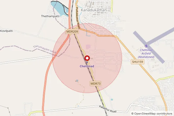 Map showing approximate area covered by Pincode 630102 — Chettinad S.O, Sivaganga