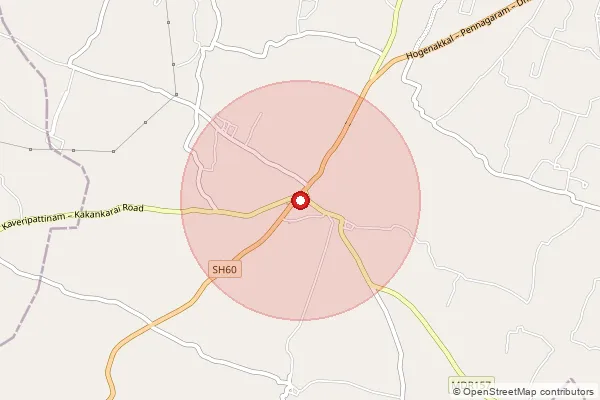 Map showing approximate area covered by Pincode 635654 — Kakangarai R.S. B.O, Tirupathur