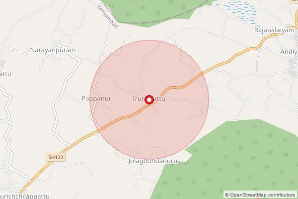 Map showing approximate area covered by Pincode 635702 — Kurusilapattu B.O, Tirupathur