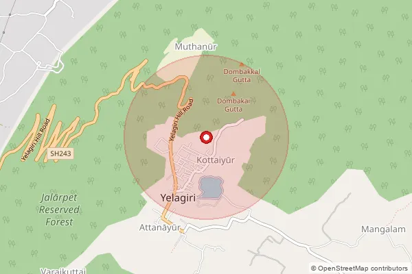 Map showing approximate area covered by Pincode 635853 — Yelagiri Hills B.O, Tirupathur