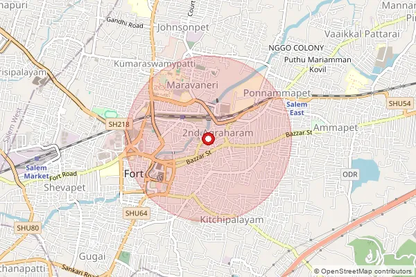 Map showing approximate area covered by Pincode 636001 — Salem H.O, Salem