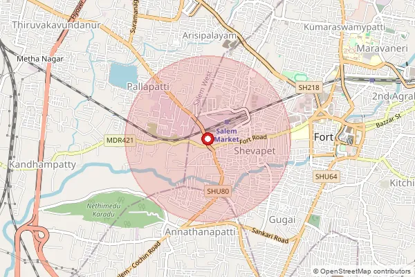 Map showing approximate area covered by Pincode 636002 — Shevapet S.O, Salem