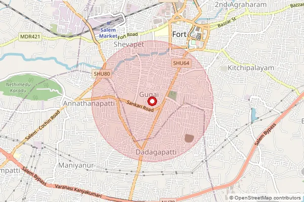 Map showing approximate area covered by Pincode 636006 — Karungalpatti B.O, Salem