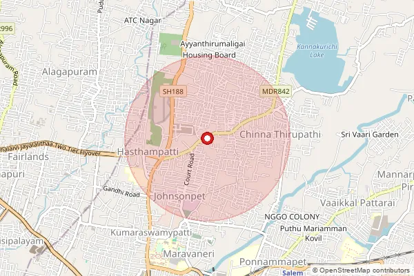 Map showing approximate area covered by Pincode 636007 — Salem Dt. Court Buildings S.O, Salem