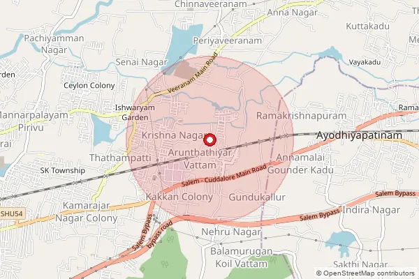 Map showing approximate area covered by Pincode 636017 — Allikuttai S.O, Salem