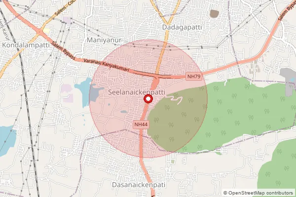Map showing approximate area covered by Pincode 636201 — Nalikalpatti B.O, Salem