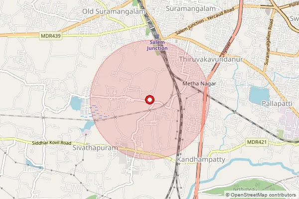 Map showing approximate area covered by Pincode 636307 — Kandampatti B.O, Salem