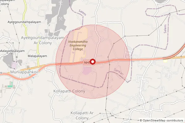 Map showing approximate area covered by Pincode 637303 — Sankari West S.O, Salem