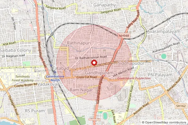 Map showing approximate area covered by Pincode 641012 — Gandhipuram So Coimbatore, Coimbatore