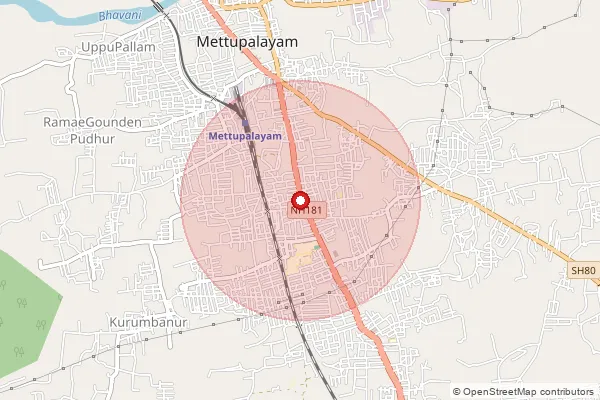 Map showing approximate area covered by Pincode 641301 — Mettupalayam Ho, Coimbatore