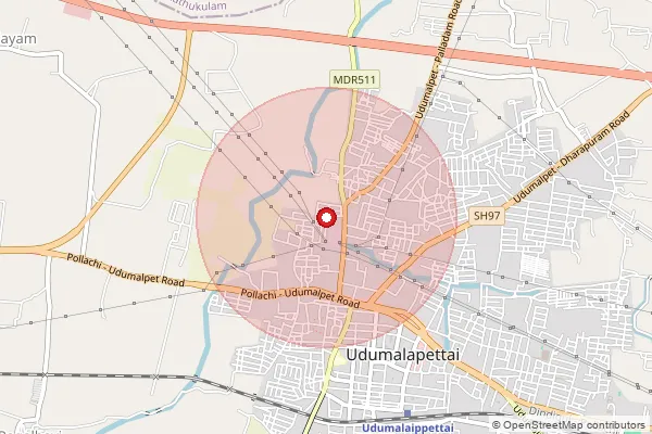 Map showing approximate area covered by Pincode 642126 — Udamalpet H.O, Tiruppur