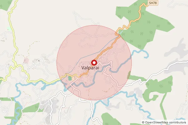 Map showing approximate area covered by Pincode 642127 — Valparai S.O, Coimbatore