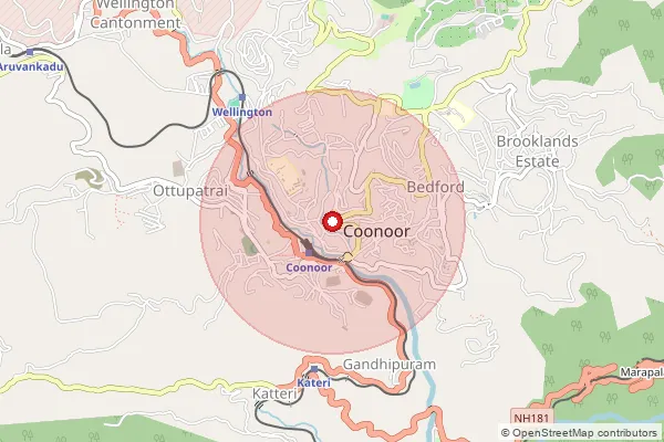 Map showing approximate area covered by Pincode 643102 — Hulical B.O, The Nilgiris