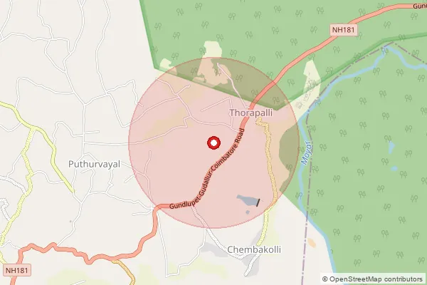 Map showing approximate area covered by Pincode 643211 — Cherumulli B.O, The Nilgiris