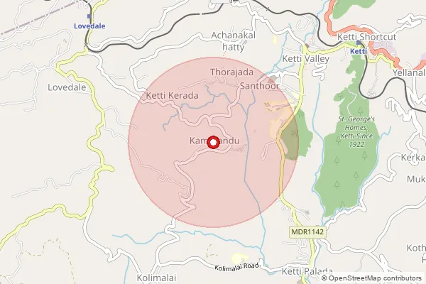 Map showing approximate area covered by Pincode 643215 — Ketti S.O, The Nilgiris