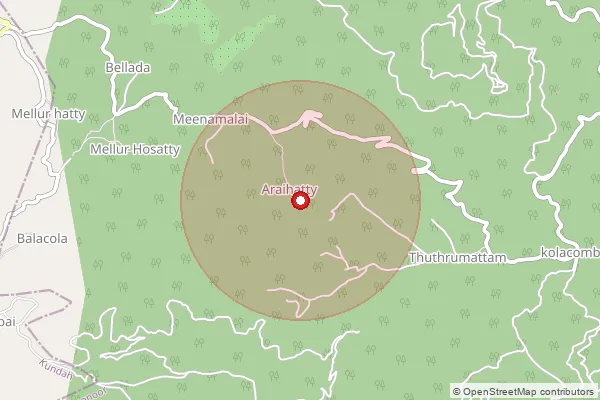 Map showing approximate area covered by Pincode 643221 — Araihatty B.O, The Nilgiris