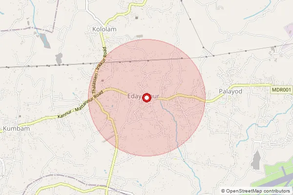 Map showing approximate area covered by Pincode 670595 — Elampara Bo, Kannur