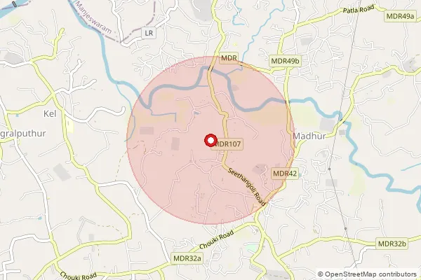 Map showing approximate area covered by Pincode 671124 — Bedradka Bo, Kasaragod