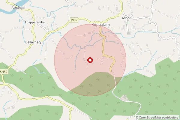 Map showing approximate area covered by Pincode 671543 — Adur Bo, Kasaragod