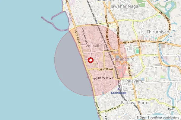 Map showing approximate area covered by Pincode 673032 — Calicut Courts So, Kozhikode