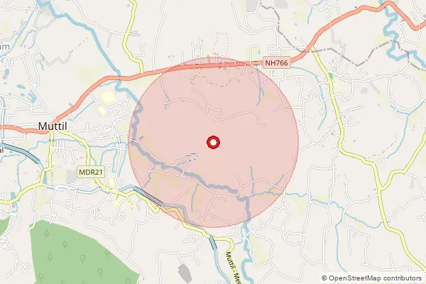 Map showing approximate area covered by Pincode 673122 — Maniyangode Bo, Wayanad