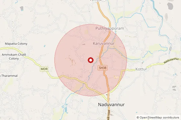 Map showing approximate area covered by Pincode 673614 — Karuvannur Bo, Kozhikode