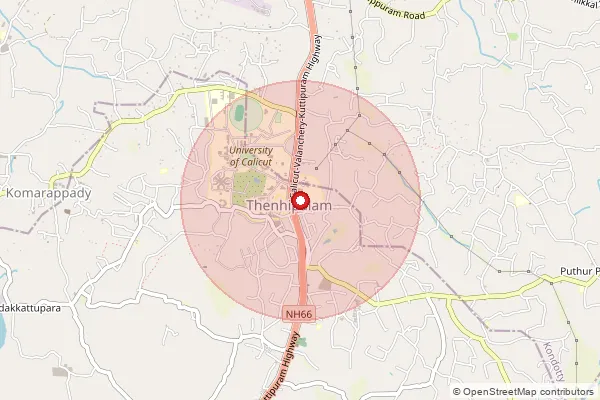 Map showing approximate area covered by Pincode 673635 — Calicut University So, Malappuram