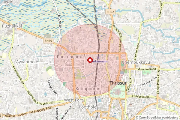 Map showing approximate area covered by Pincode 680002 — Punkunnu So, Thrissur