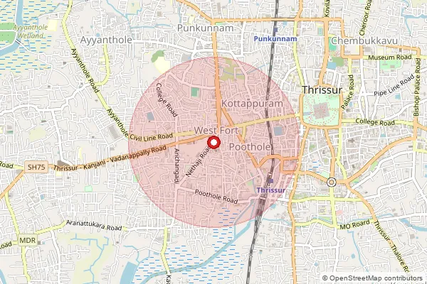 Map showing approximate area covered by Pincode 680004 — Poothole So, Thrissur