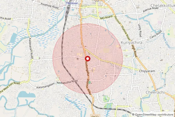Map showing approximate area covered by Pincode 680007 — Kurkancheri So, Thrissur