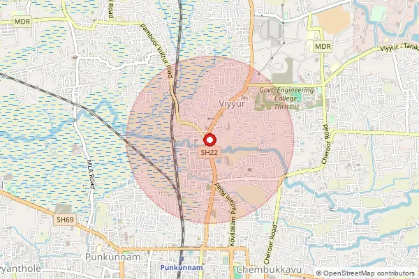 Map showing approximate area covered by Pincode 680010 — Viyyur So, Thrissur