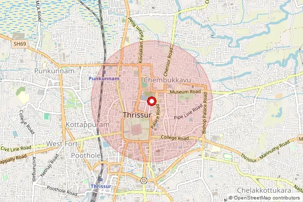 Map showing approximate area covered by Pincode 680020 — Thrissur City So, Thrissur
