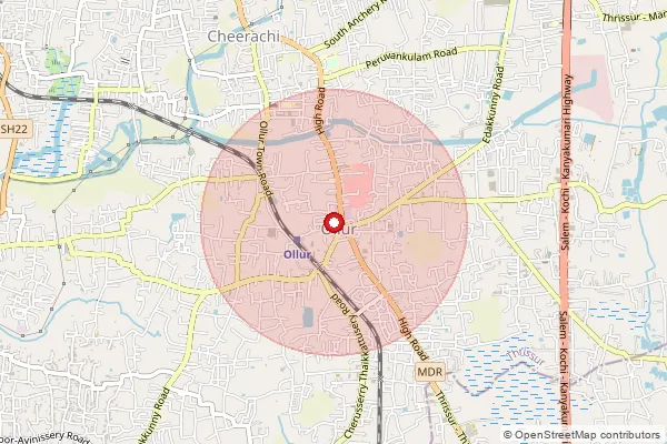 Map showing approximate area covered by Pincode 680306 — Ollur So, Thrissur