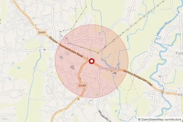 Map showing approximate area covered by Pincode 680502 — Choondal So, Thrissur