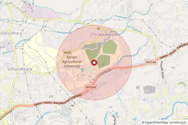 Map showing approximate area covered by Pincode 680656 — Kerala Agriuniversity So, Thrissur