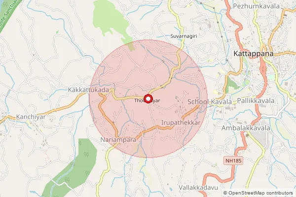 Map showing approximate area covered by Pincode 685511 — Nariampara Bo, Idukki