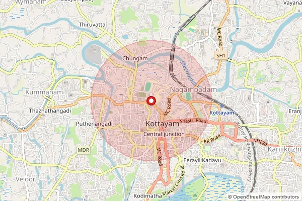 Map showing approximate area covered by Pincode 686001 — Kottayam Ho, Kottayam