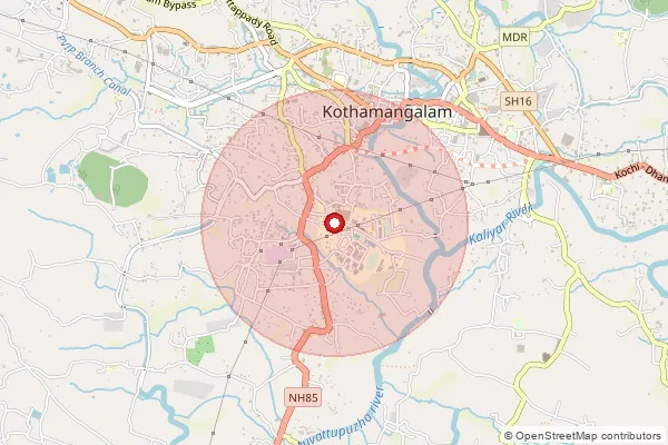 Map showing approximate area covered by Pincode 686666 — Kothamangalam College So, Ernakulam