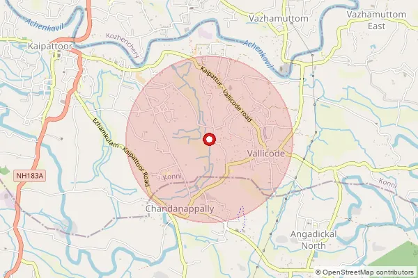 Map showing approximate area covered by Pincode 689648 — Vallicode Bo, Pathanamthitta