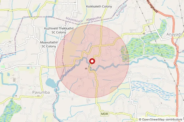 Map showing approximate area covered by Pincode 690561 — Anayadi Bo, Kollam