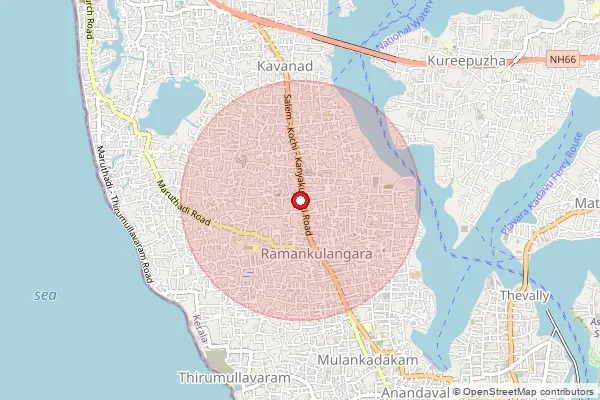 Map showing approximate area covered by Pincode 691003 — Kavanad So, Kollam